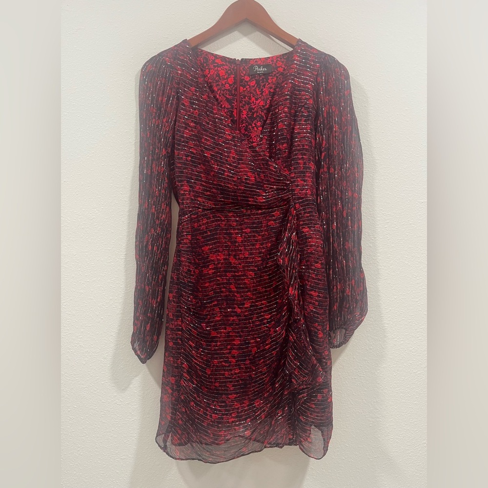 Abrand Red and Black Sheath Dress with Bishop Sleeves